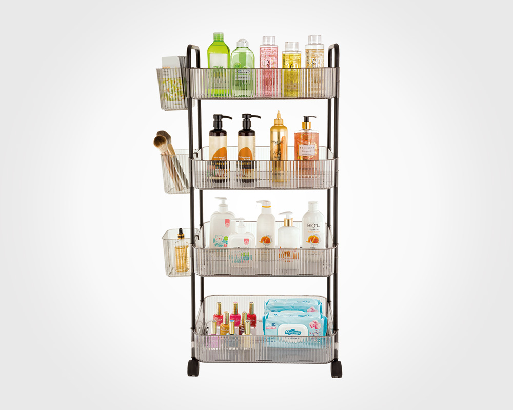 ترولي شفاف بأربع طبقات مزود بدواليب كبيرة