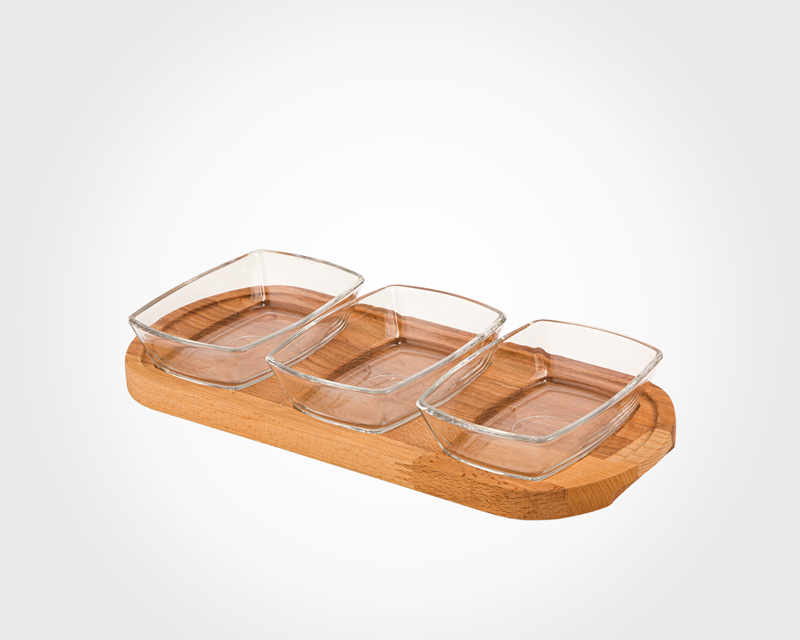 THREE SECTION SNACK SERVING TRAY WITH WOODEN BASE