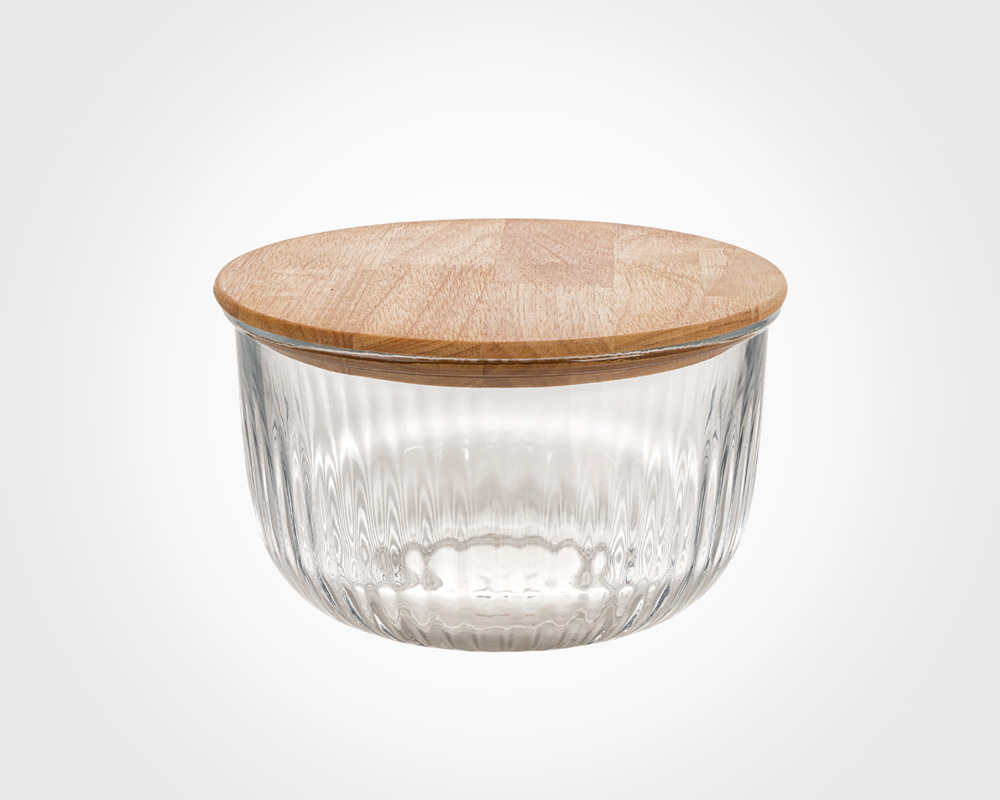 Glass serving dish outlet with lid