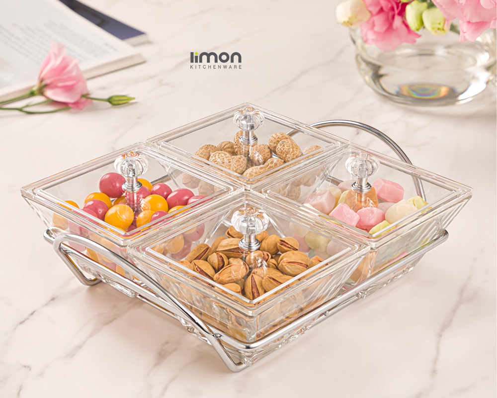 SNACK SERVING TRAY WITH ACRYLIC LID (4 SECTION)