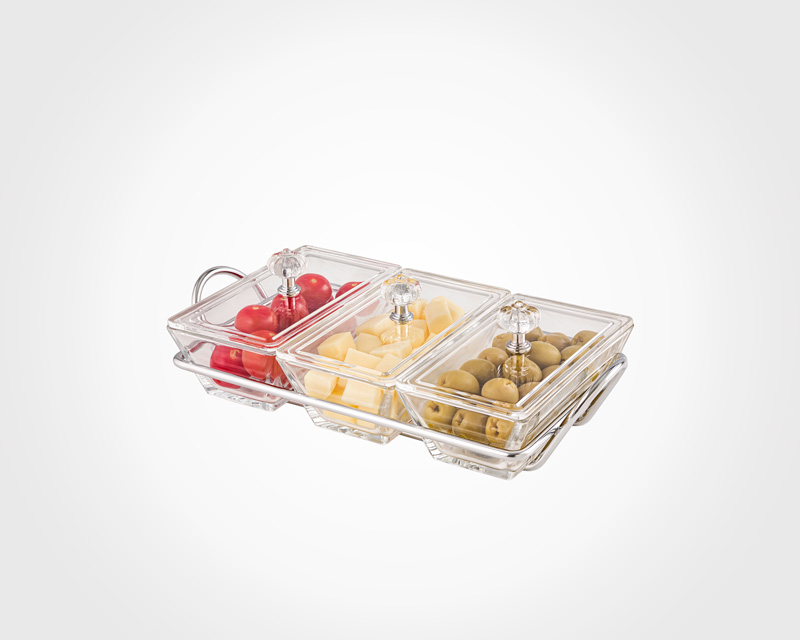 SNACK SERVING TRAY WITH ACRYLIC LID (3 SECTION)