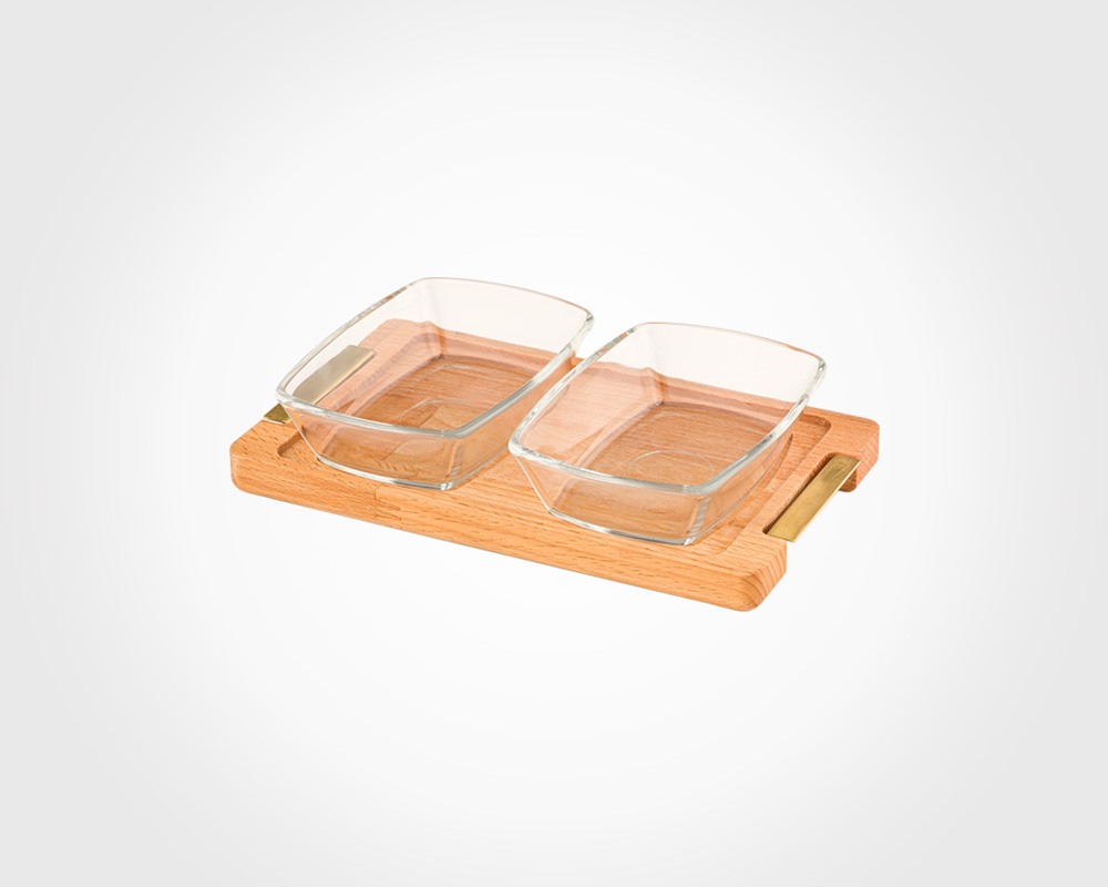 LARGE SNACK SERVING TRAY WITH WOODEN BASE 2PCS