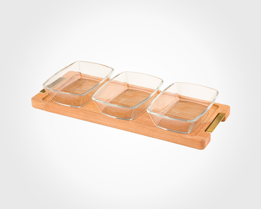 LARGE SNACK SERVING TRAY WITH WOODEN BASE 3PCS