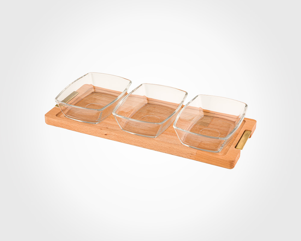 SMALL SNACK SERVING TRAY WITH WOODEN BASE 3PCS