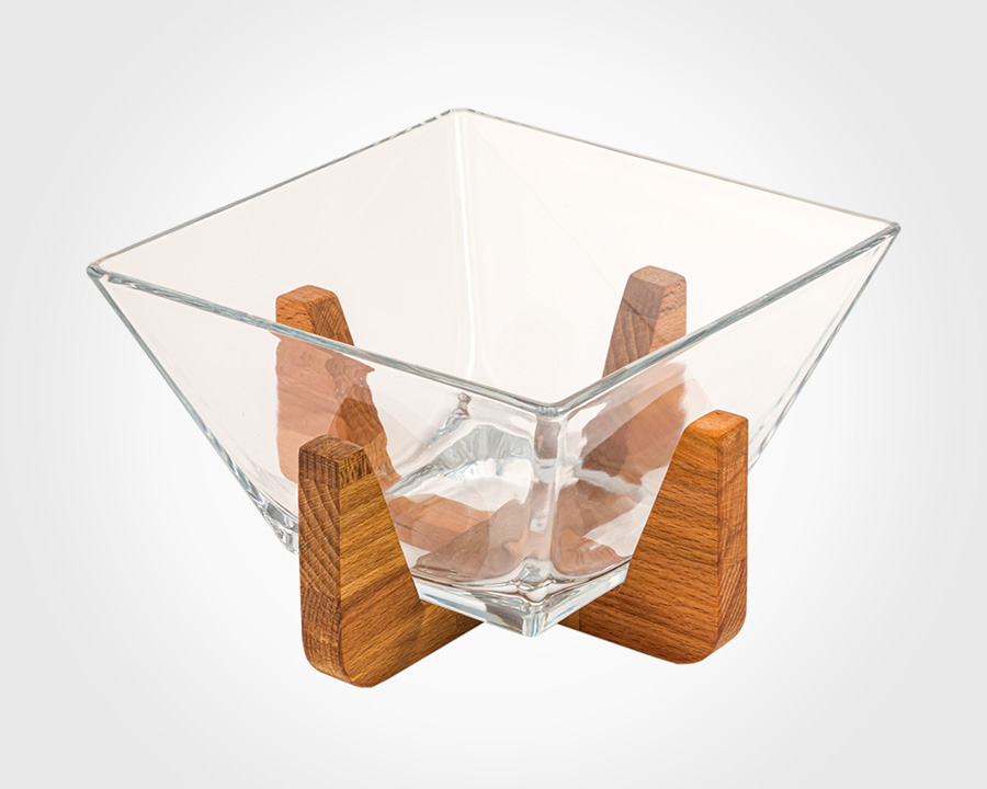 GLASS BOWL WITH WOODEN STAND