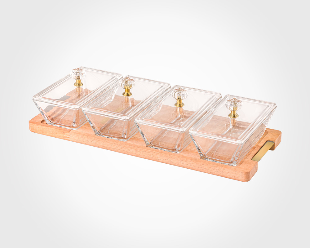 Rectangle snack serving tray with wooden base 4pcs