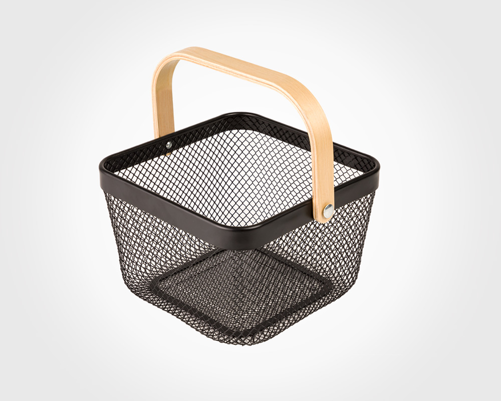 Square metal basket with wooden handle