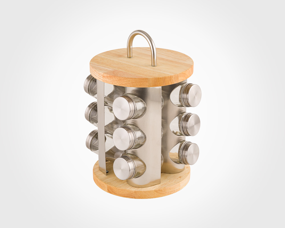 WOODEN ROTAITING SPICE RACK WITH STAINLESS STEEL LID 12 SECTION