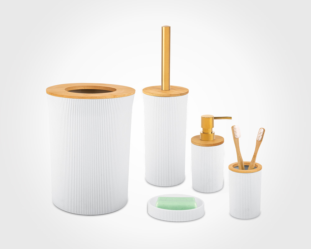 BATH ACCESSORY SET WITH BAMBOO BORDER
