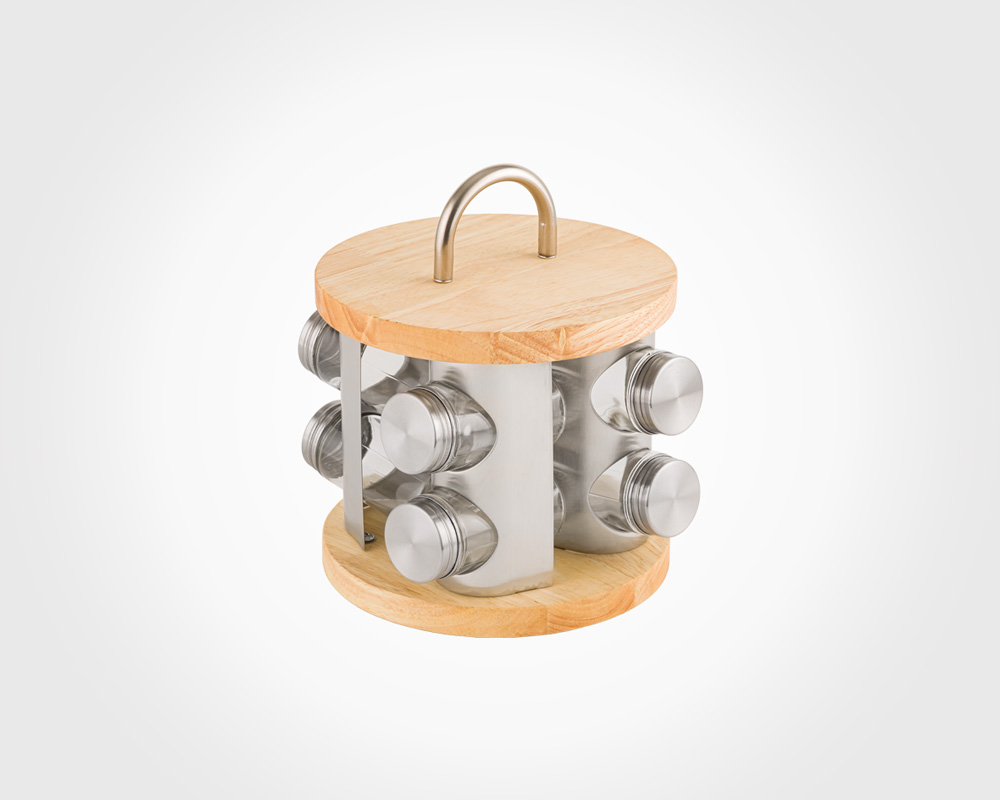 WOODEN ROTAITING SPICE RACK WITH STAINLESS STEEL LID 8 SECTION